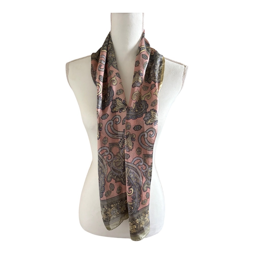 Jones New York 100% Silk Scarf Pink Olive Green Paisley Floral Boho Old Money